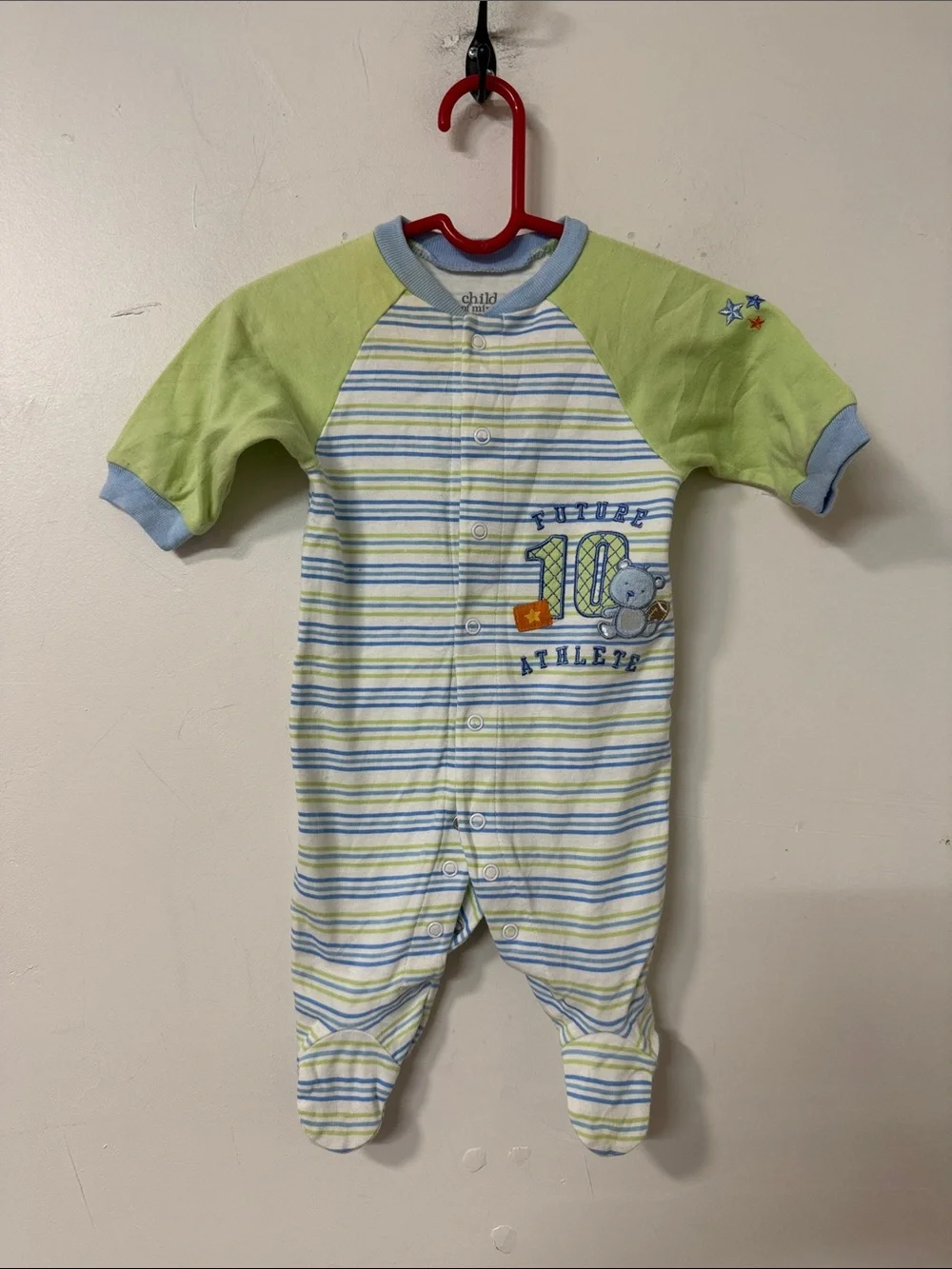 Carter's Blue, Light Green & White Striped Footie with Teddy Applique